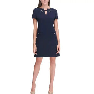 Tommy Hilfiger Scuba Crepe Two Faux Pocket Shift Dress Navy Blue Size 12